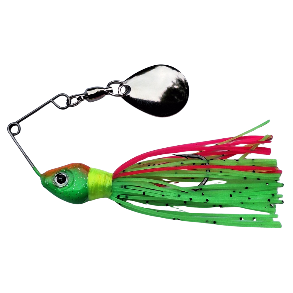 Fishing lure with pink and green skirt on a white background